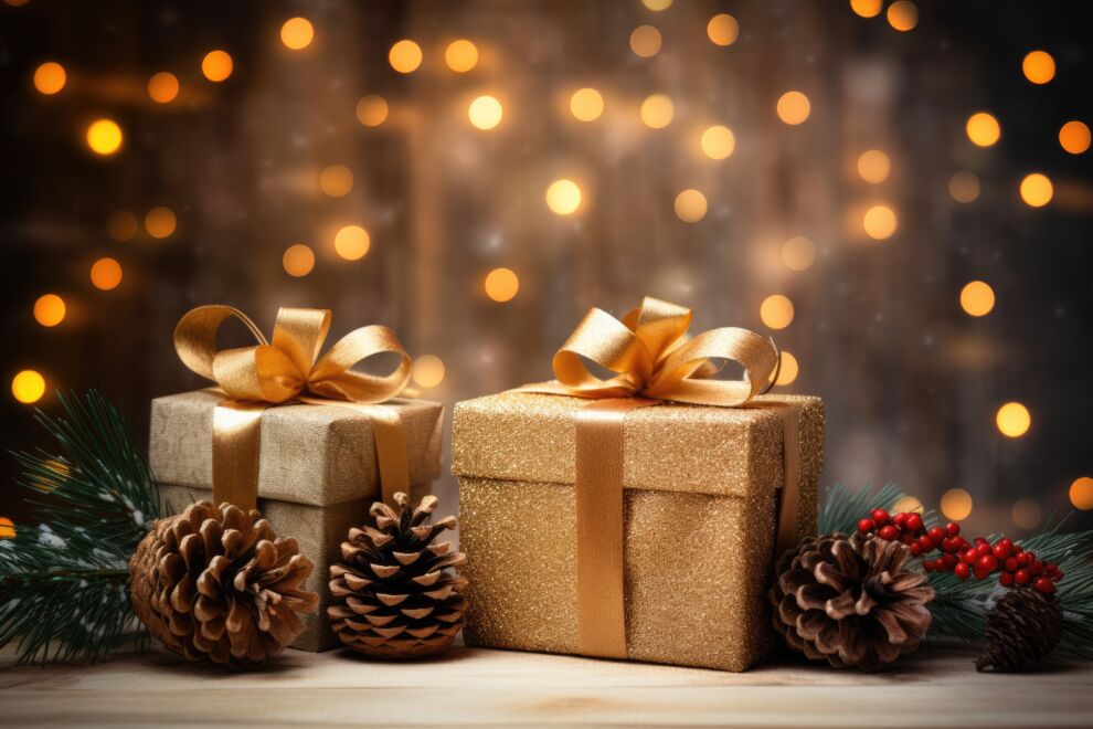 christmas and new year background - gift boxes and pine cones and branches on the background of bokeh garlands.